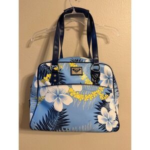 Y2K Roxy Blue Tropical Floral Hibiscus Vegan Leather Satchel Handbag Beach Bag